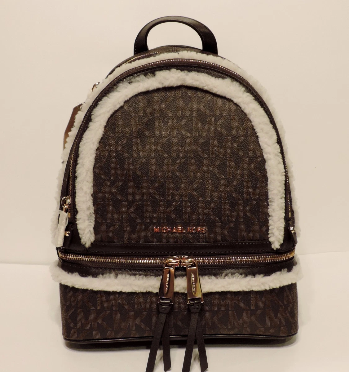 NEW MICHAEL KORS MD RHEA FUR TRIM BROWN PVC Monogram BACKPACK