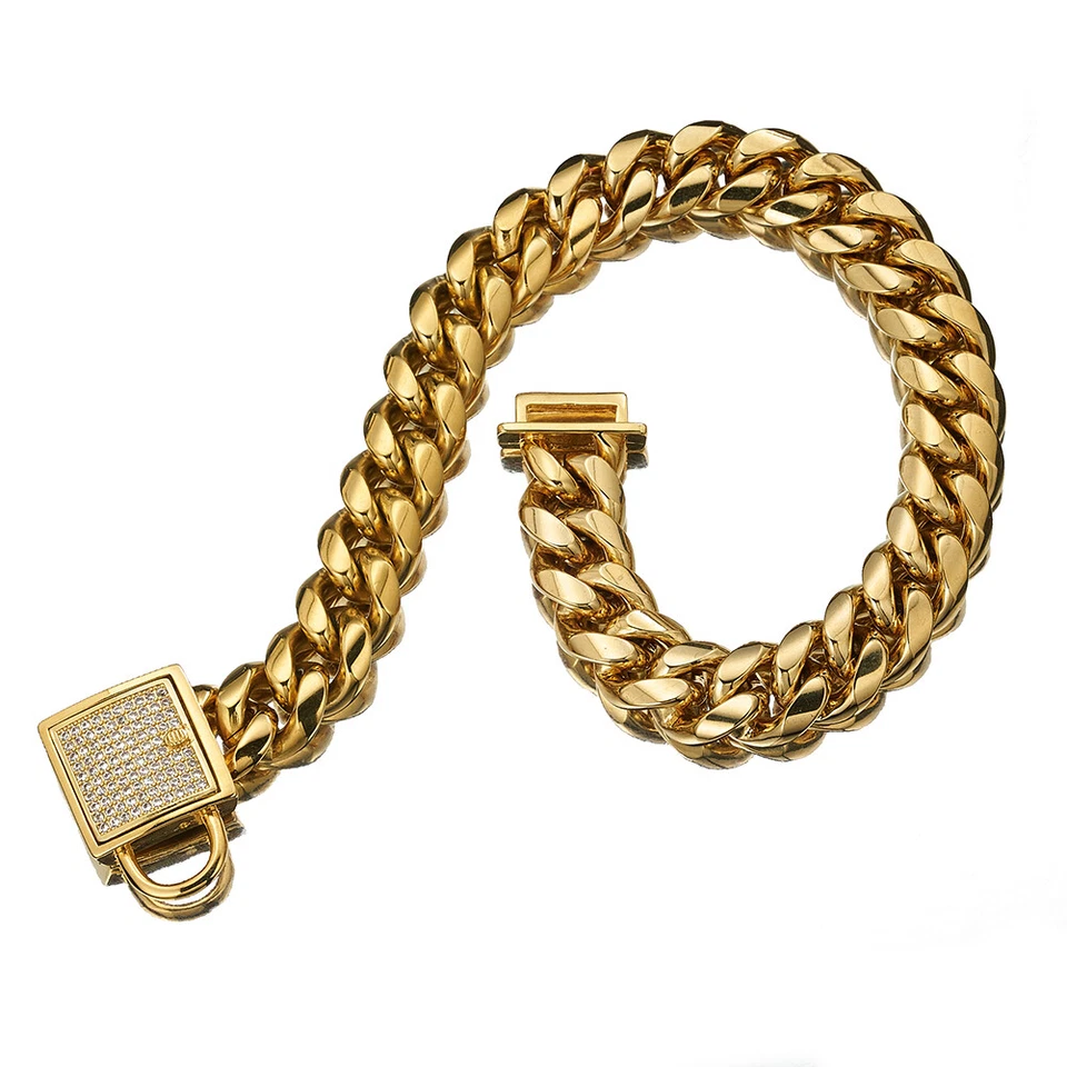 14mm 24"Gold Dog Collar with Zirconia Buckle Stainless Steel Curb Chain Necklace - Image 3 of 4