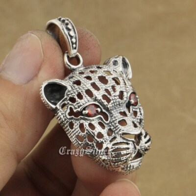 925 Sterling Silver Red CZ Eyes Hollowed Leopard Pendant
