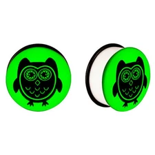 BodyJewelryOnline Ear Plugs Single Flare with Glow in the Dark Owl 8 Gauge Pair