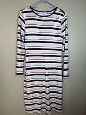 Old Navy Ribbed Body Con Dress Red White Blue Striped Medium Midi Long Sleeve