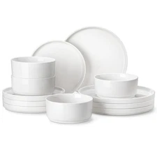 12 Pieces Porcelain Dinnerware Set, Modern White Dish Set for 4, Premium Serv...