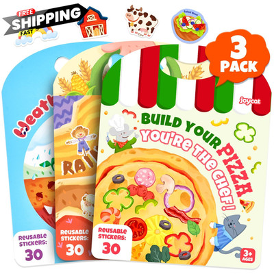 JoyCat Reusable Sticker Book Set (3-Pack): Farm, Pizza-Making, Multi Color