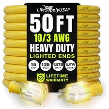 10/3 Gauge 50ft Ultra Heavy-Duty Extension Cord with Lighted End for Safety