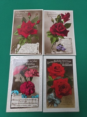 4 x Vintage rote Rose & Blume Gruß Postkarten Geburtstag & Hochzeitstag