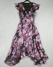 White House Black Market Dress Womens 6 Black Purple Floral Wrap Midi Ethereal