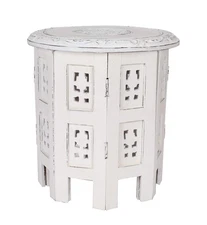 Hand Carved Wooden Accent Table, 12" Round x 12" High, White Antique Finish, ...