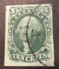 SCOTT #14 VF USED 1851 TYPE II GREEN WASHINGTON IMPERF STAMP w/ CORNER CREASE