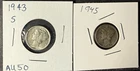 Lot of Two Silver Mercury Dimes: 1943-S and 1945