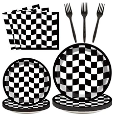 96 Pieces Black and White Checkered Tableware Set for Race Sports Themed Tabl...