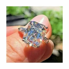 10x8mm Emerald Moissanite Three Stone Engagement Ring Solid 10K White Gold