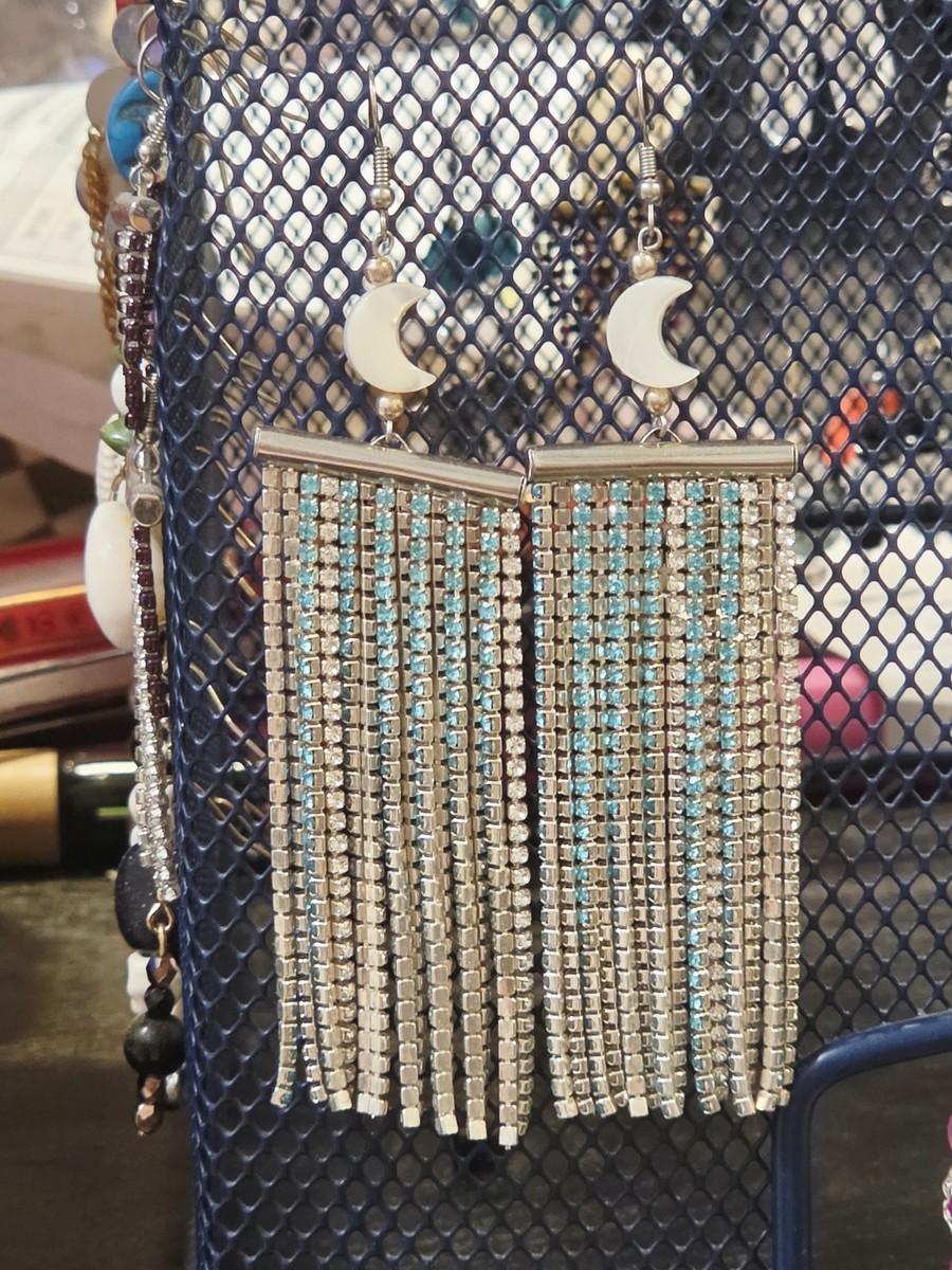 blue moon findings ear wire metal fish hook rhinestone silver Silver Blue Moon Motif Rhinestone Dangle Drop Earrings Metal Hook Jewelry