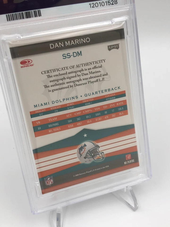 Tarjeta automática de Dan Marino 2008 Donruss Playoff SILVER FIRMAS clasificación PSA 8 Foto 4 de 4