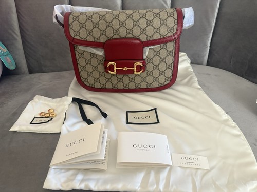 Auth Gucci Horsebit 1955 GG Coated Canvas Red Leather Crossbody Purse Handbag