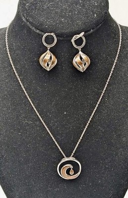 SET Na Hoku 925 Silver Wave Pendant Koa Wood Necklace 18” Earrings Lot  765