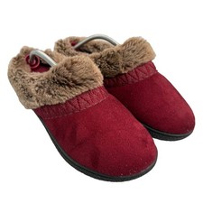 Isotoner Red Faux Fur Trim Microsuede Women's 8.5-9 Slip-on Clog Scuff Slippers-