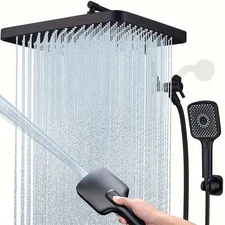 Black Rain Shower Head with Handheld Spray Set High Pressure 16" Adjustable Arm