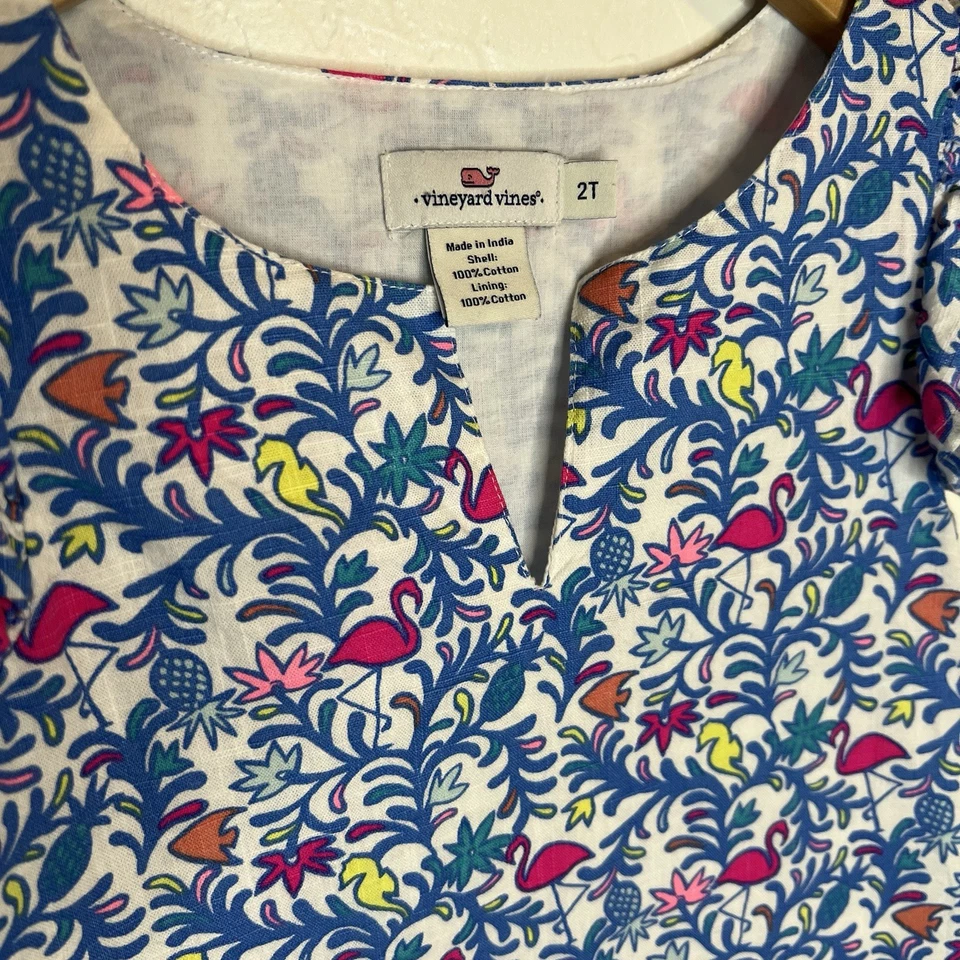 Vineyard Vines Shift Dress Toddler Size 2 Flamingo Blue Pink Ruffles Preppy - Image 3 of 4