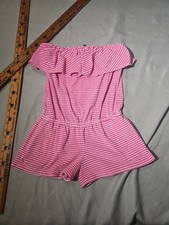 Ralph Lauren Girls Romper 8-10 Pink White Terry Striped Off Shoulder Ruffle