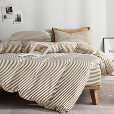 100 Natural Cotton 3pcs Striped Duvet Cover Sets,White with Khaki Stripes