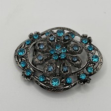 Vintage Silver Tone Blue Rhinestone Belt Buckle Filigree Floral Oval 3 x2.25