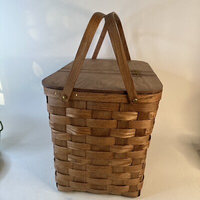 Vtg Basketville Putney Vermont Woven Wood Picnic Basket Farmhouse
