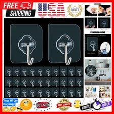 32 Pack Heavy-Duty Adhesive Hooks – 33lb Max Weight, Transparent & Reusable