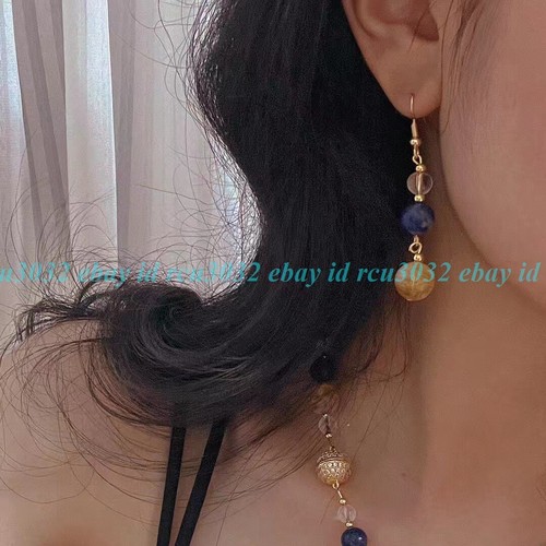 6-8-10mm Citrine & White Crysta Lapis Lazuli Round Beads Dangle Hook Earrings - Picture 11 of 12
