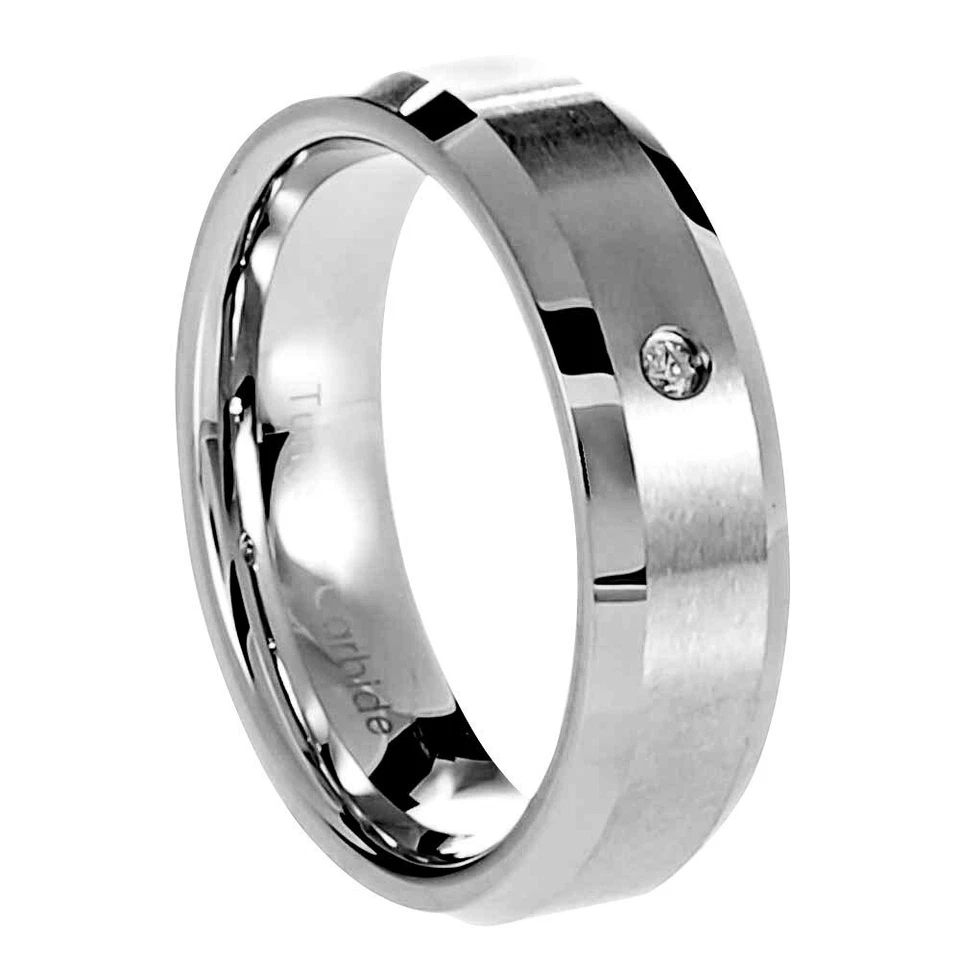 Alianza superior satinada de tungsteno 1,5 mm diamante redondo SI1-SI2 anillo de boda para mujer Foto 3 de 4