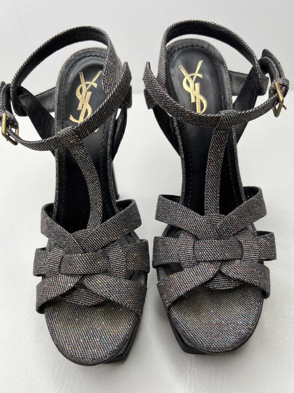 Sandali Saint Laurent YSL Tribute Denim Maculati Tacchi Taglia 37 5 7 5