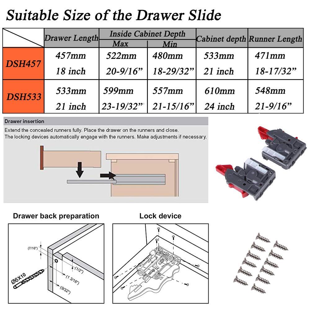 6 Pairs of Self Soft Close Under/Bottom Rear Mounting Drawer Slides 21 inch C...