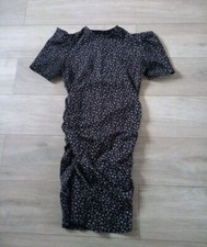 PRETTYLITTLETHING Black & Grey Print Stretch Bodycon Dress Ruched Wiggle UK12