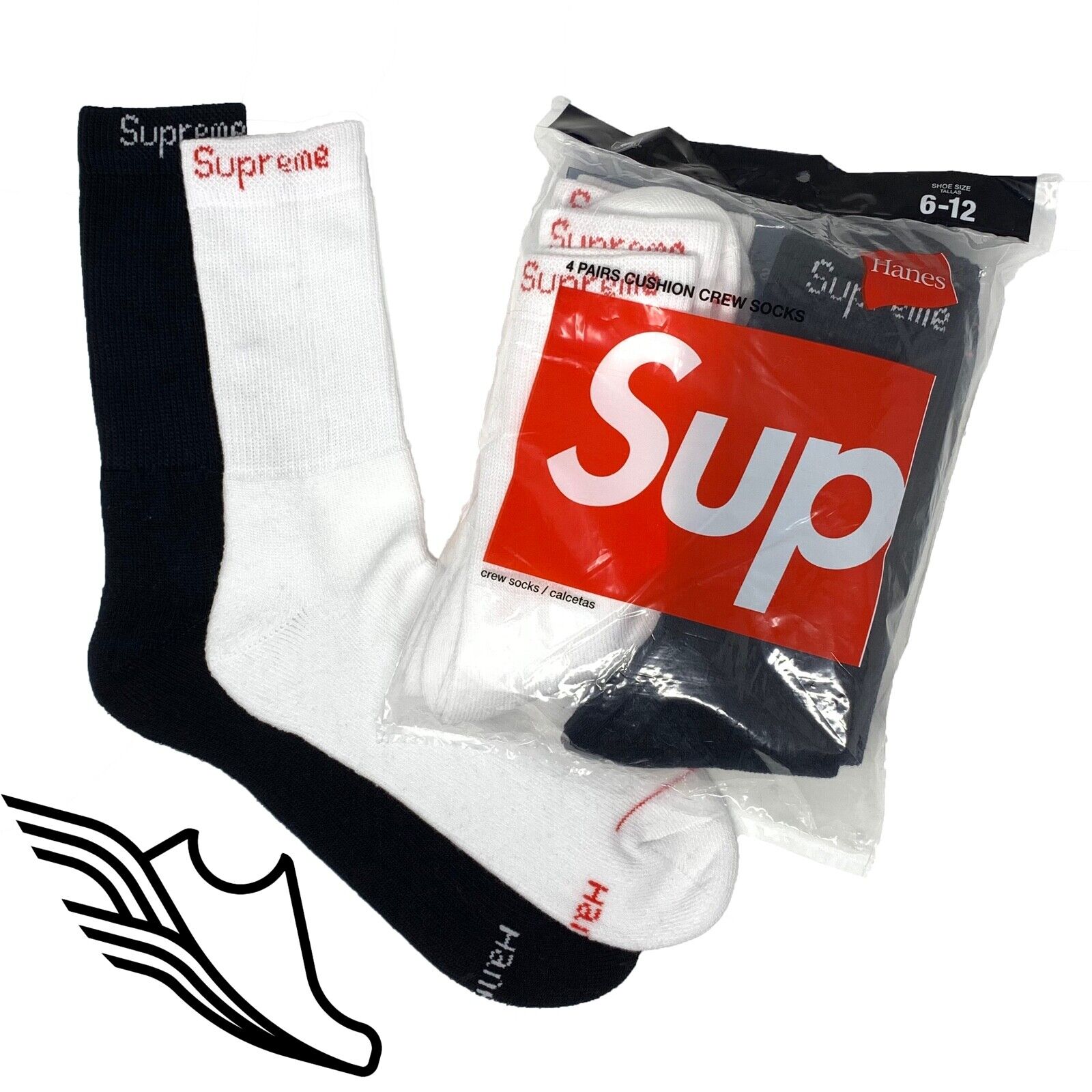 Sealed & Authentic - Supreme / Hanes White & Black Crew Socks (4 Pack)