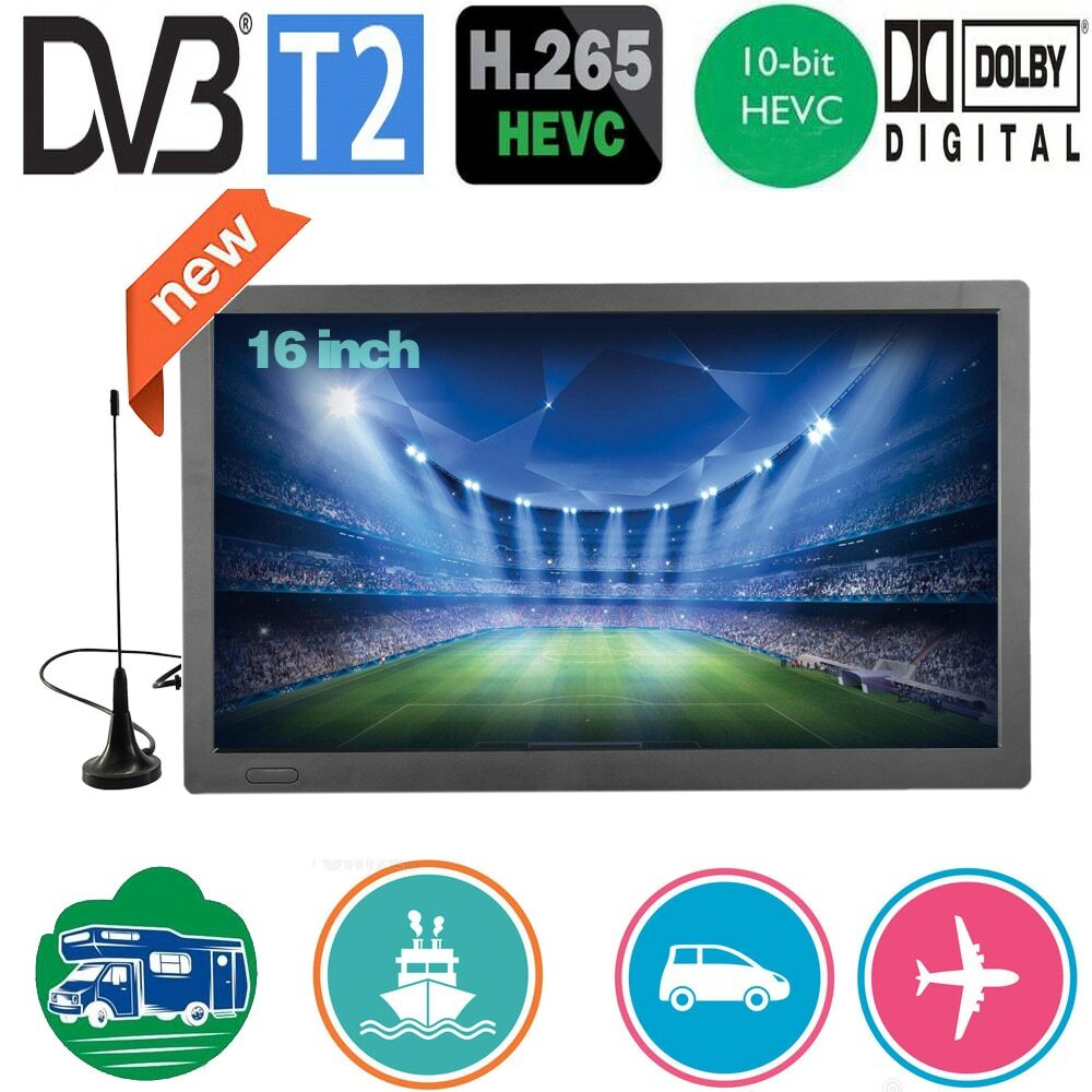 16 Inch Portable Mini Digital TV DVB-T2 Hevc H265 10Bit Code Car