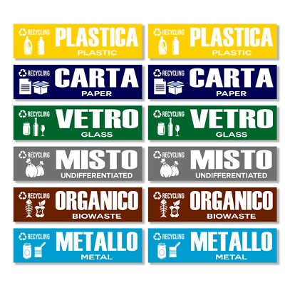 Adesivi Raccolta Differenziata GamesMonkey - 6 Pezzi 15x4 Cm, Impermeabili, Conformi UNI 11686 (Italiano/Inglese) - Foto 3