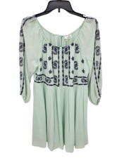 Entro Dress Womens Medium Mint Green Embroidered Boho Peasant Long Sleeve Flowy