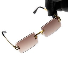 Vintage Gold Frame Brown Tint Hip Hop Fashion Rimless Shades Sunglasses