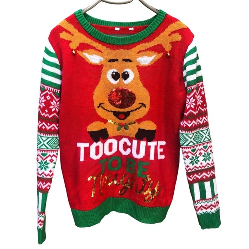 Too Cute To Be Naughty Reindeer Ugly Christmas Sweater XL Red Green White - 第 1/6 張圖片