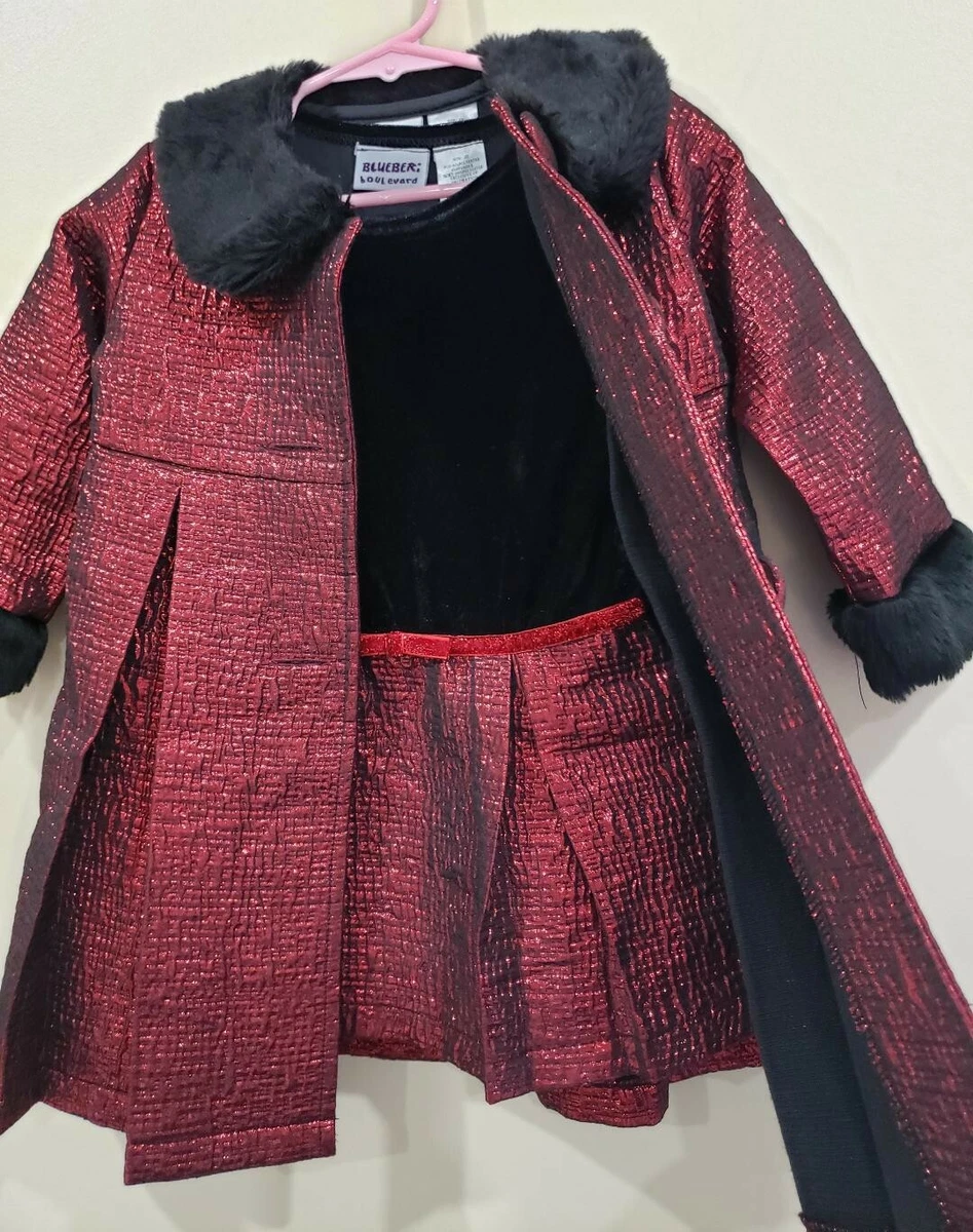 Blueberi Boulevard Girls 2 Pc Set Dress Faux Fur Coat Metallic Red Size 2T