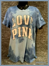 Victoria's Secret Pink Tie Dye Campus Short Sleeve Tee Shirt Sky Blue Logo S NWT