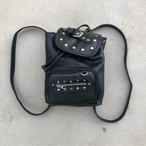 Black Studded Multi-Pocket Mini Backpack - Adjustable Straps - Picture 2 of 8
