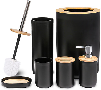 Black Bamboo Bathroom Accessories Set 6 Piece Ensemble for Decorative Countertop