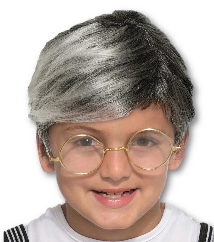 Old Man Gray Kids Wig Short Grandpa Geezer Child Costume Halloween