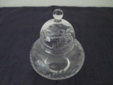 Clear Glass Lidded Trinket Box Round 3 1/2" Etched Flower/Leaves Pattern NOS