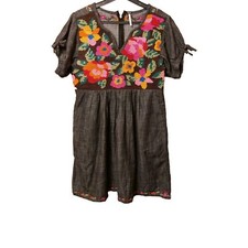 Free People  Dress Size XS Black Denim Floral Embroidered Boho Oaxaca  Festival 
