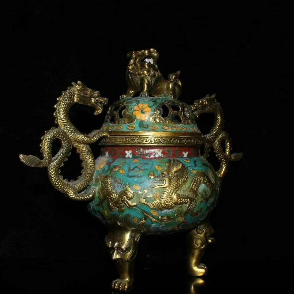Quemador de incienso antiguo de China de 10,8" Cloisonne incensario quemador de incienso de latón Foto 4 de 4