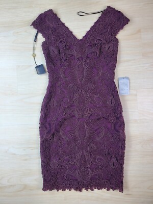 Tadashi Shoji Womens Dress Burgundy Corded Lace V-Neck Tulle Sheath Size 0 NWT