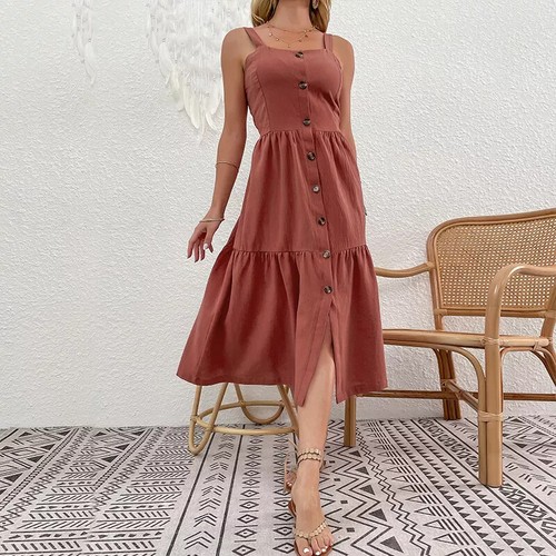Vestito Abito Elegante Lungo Elegante Rosso Mattone Bottoni Bohoo Chic 62757 - Foto 5 di 5