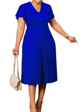 Mintsnow Womens Elegant Wear to Work Belted Pleated Flared Short Sleeve V Neck