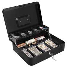 Cash Box With Lock And Money Tray, Metal Cash Box With 5 Coin Compartments